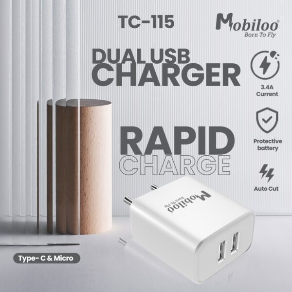 Mobiloo Dual USB Rapid Charger – 3.4A Output Adaptive Fast Charging