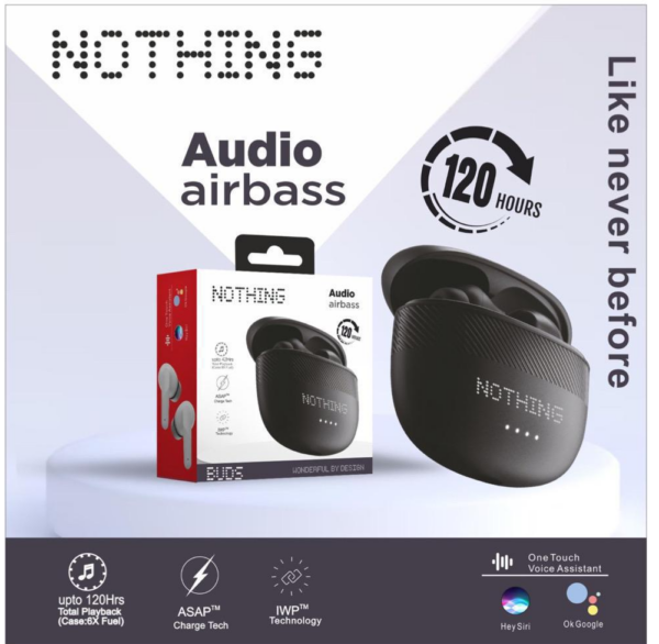 Nothing Audio airbass | Wireless | 120 hrs | 5min. = 60min. | sweat & Water | Earbuds With ENx Noise | Frequency 20Hz – 20KHz | IPX5 | Voice Assistant Yes | Version V5.3 + EDRDriver