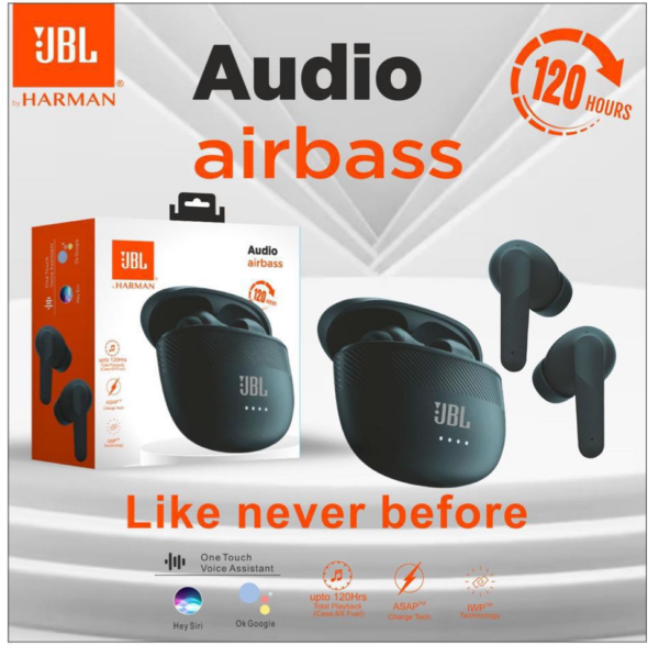 JBL Audio airbass | Wireless | 120 hrs | 5min. = 60min. | sweat & Water | Earbuds With ENx Noise | Frequency 20Hz – 20KHz | IPX5 | Voice Assistant Yes | Version V5.3 + EDRDriver