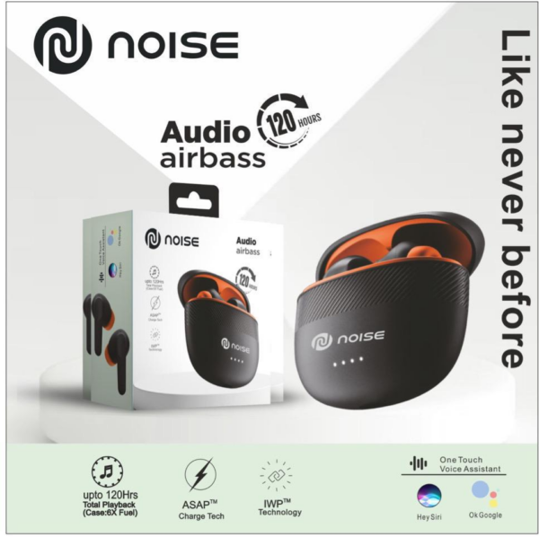 Noise Audio airbass | Wireless | 120 hrs | 5min. = 60min. | sweat & Water | Earbuds With ENx Noise | Frequency 20Hz – 20KHz | IPX5 | Voice Assistant Yes | Version V5.3 + EDRDriver